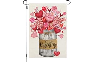 CROWNED BEAUTY Valentines Day Mason Jar Garden Flag 12x18 Inch Double Sided for Outside Small Burlap Heart Holiday Yard Flag