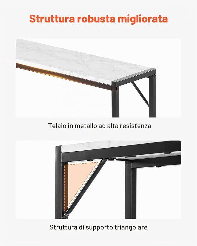 Tavolo Consolle in Marmo 110 x 23,9 x 74,2 cm Tavolino da Corridoio Ingresso Stretto e Lungo con Presa di Corrente, con Tubi in Ferro e Supporto Triangolare per Soggiorno, Corridoio, Ingresso