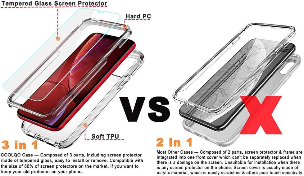 COOLQO Compatible for iPhone 11 Case, with [2 x Tempered Glass Screen Protector] Clear 360 Full Body Coverage Hard PC+Soft Silicone TPU 3in1 [Military Protective] Shockproof Phone Cover
