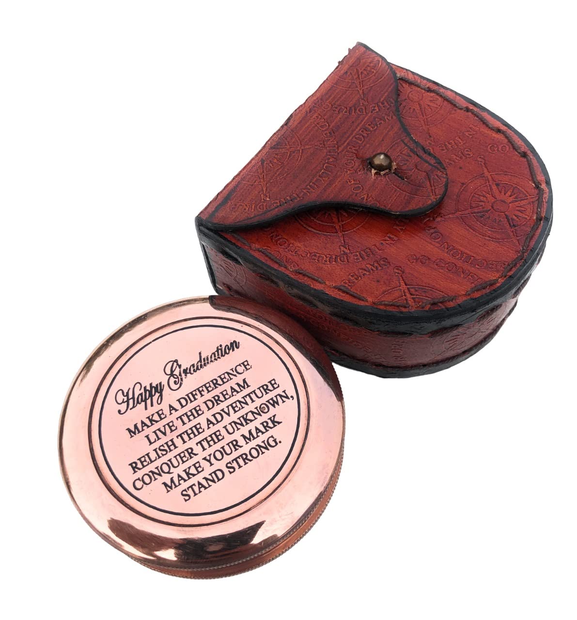 NauticalMart Happy Graduation Quote Antiqued Brass Compass With Leather Case