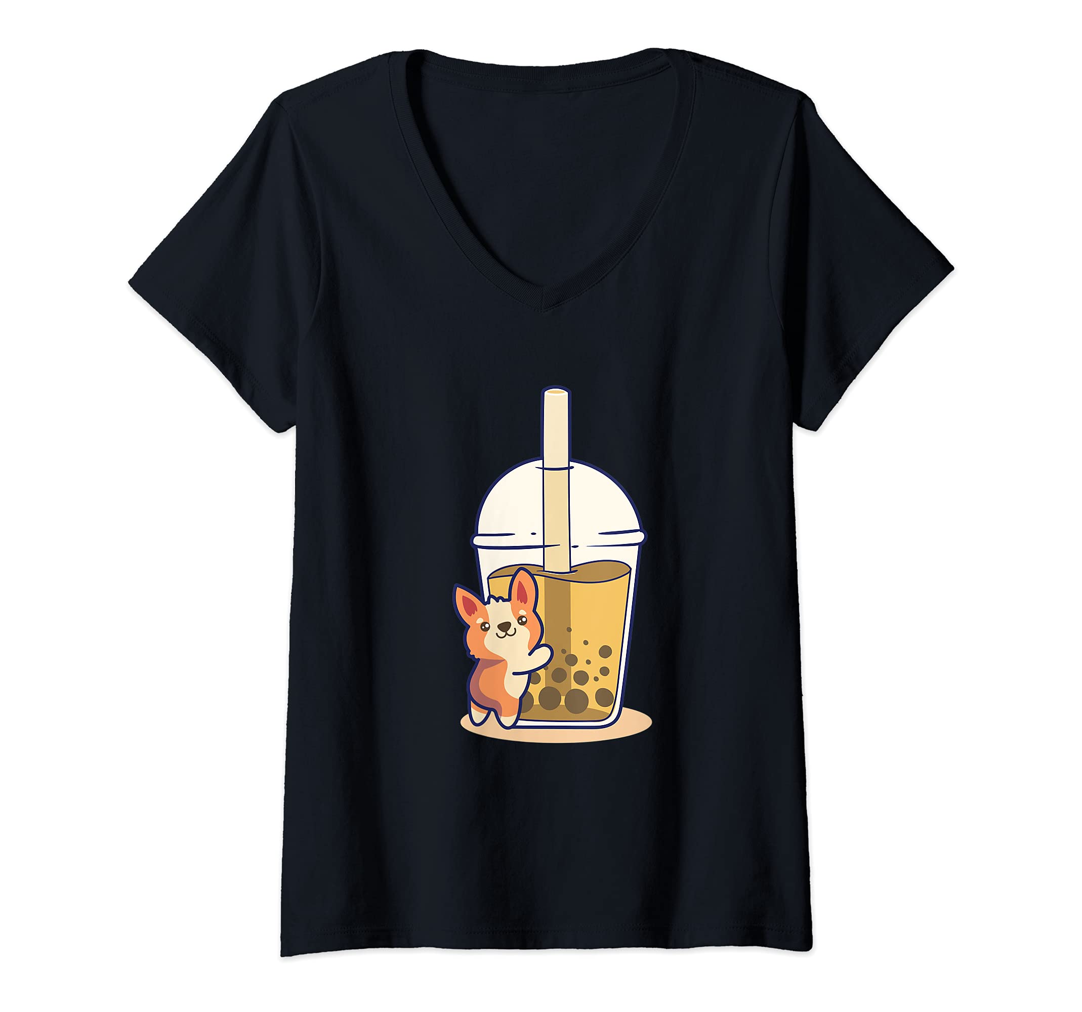 Womens Corgi Lover I Bubble Tea I Bobas I Boba Tea I Kawaii Corgi V-Neck T-Shirt
