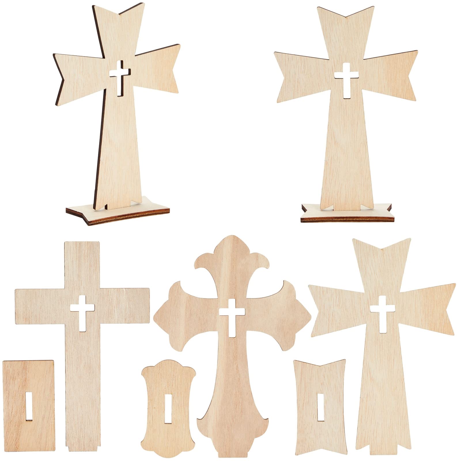Bright Creations Wooden Crosses for Crafts - 12-Pack, 3 Sizes & Light Brown Unfinished Wood - DIY Blank Crosses with Stands - for Baptism Favors & Table Centerpieces