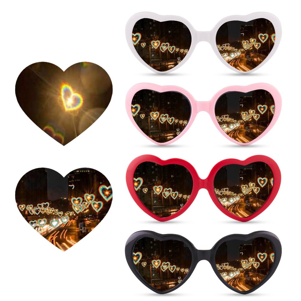 flintronic Heart Effect Diffraction Glasses, 4Pcs Heart Party Glasses Festival Glasses, 3D Light Diffraction Eyeglasses for Raves, Music Festival and Fancy Dress Party - Red & Pink & White & Black