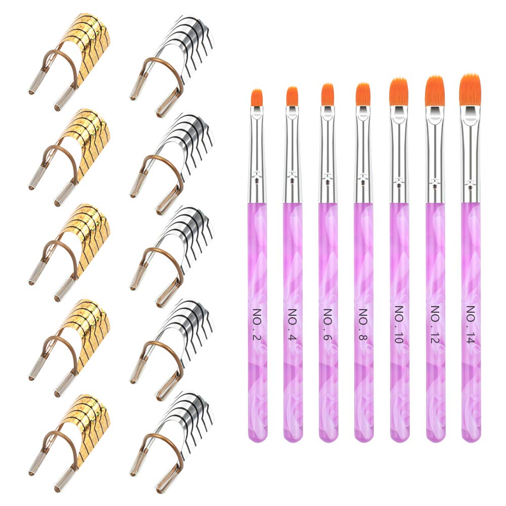 Iyowei 10 PCS Reusable Nail Extension Forms + 7 PCs Brush, Extension Guide Tool, Reusable Acrylic Nail Tips & Manicure Accessory