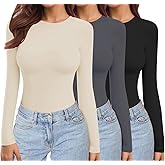 Ekouaer Womens 3 Pack Long Sleeve Shirts Crew Neck Stretch Fitted Underscrubs Trendy Basic Tops Lightweight Thermal Tee