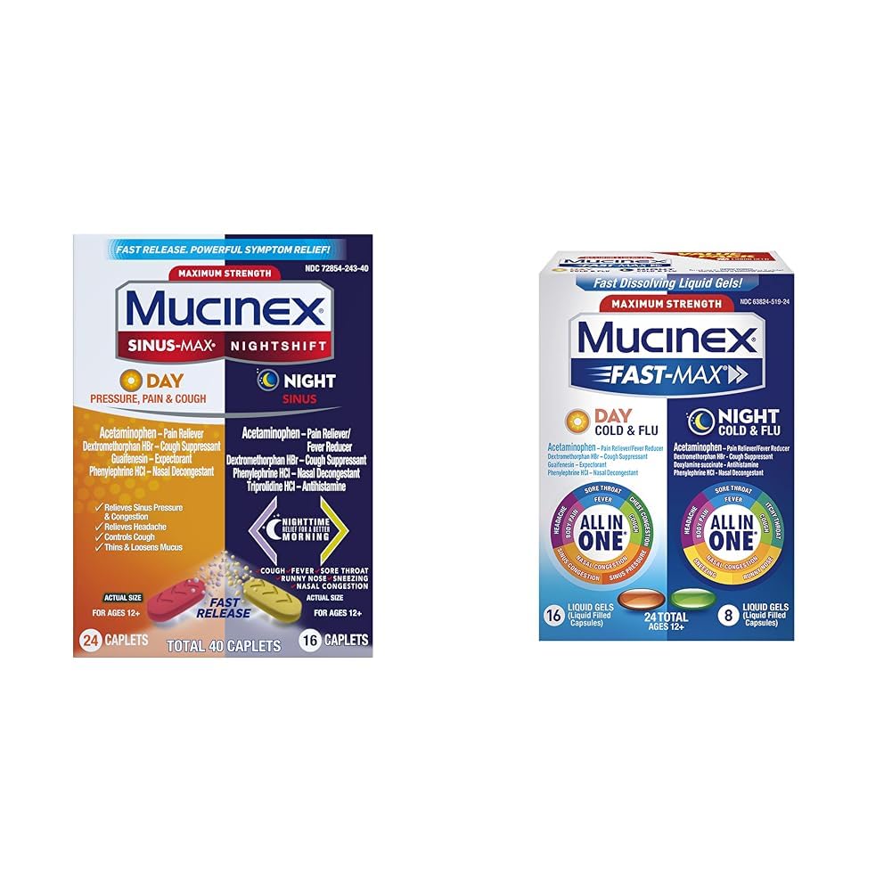 Mucinex Maximum Strength Sinus-Max Pressure, Pain & Cough & Fast-Max Maximum Strength Cold & Flu Day and Night Medicine, All-in-One Multi-Symptom Relief