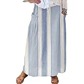 chouyatou Women's Vertical Striped High Waist Maxi Skirt Vintage Floral Cotton Long Skirt with Pockets
