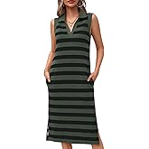 Wenrine Women's Striped Summer Dress Casual Polo V Neck Sleeveless Slit Loose Fit T Shirt Midi Dresses
