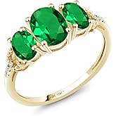 Gem Stone King 10K Yellow Gold Green Simulated Emerald and Diamond Accent 3-Stone Engagement Ring | 1.42 Cttw | Oval 7X5MM & 6X4MM | 3 Stone Wedding Anniversary Gold Ring For Women