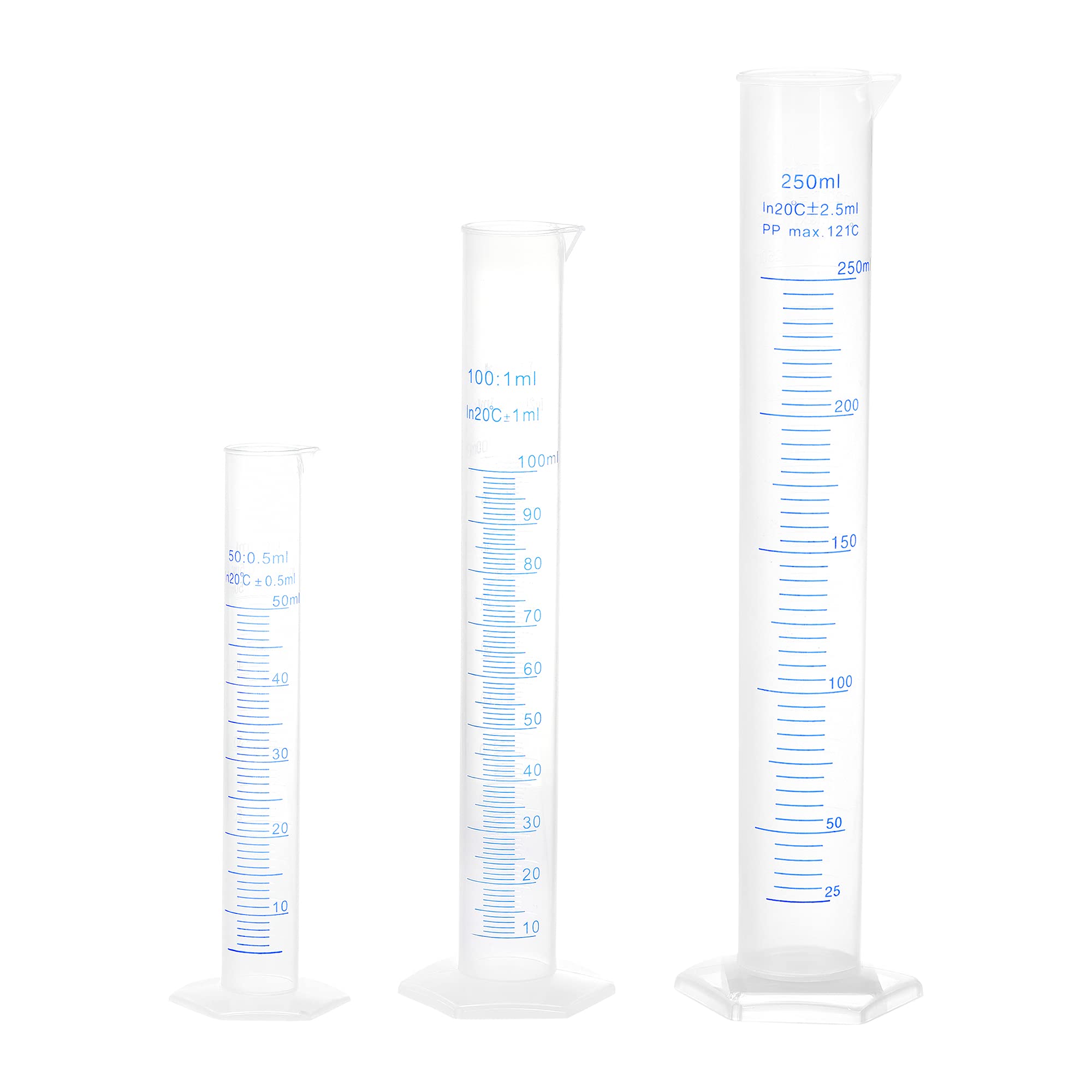 sourcing map Plastic Graduated Cylinder, 50ml 100ml 250ml Measuring Cylinder, Double-Sided Metric Marking, Clear Hex Base, 3 in 1 Set