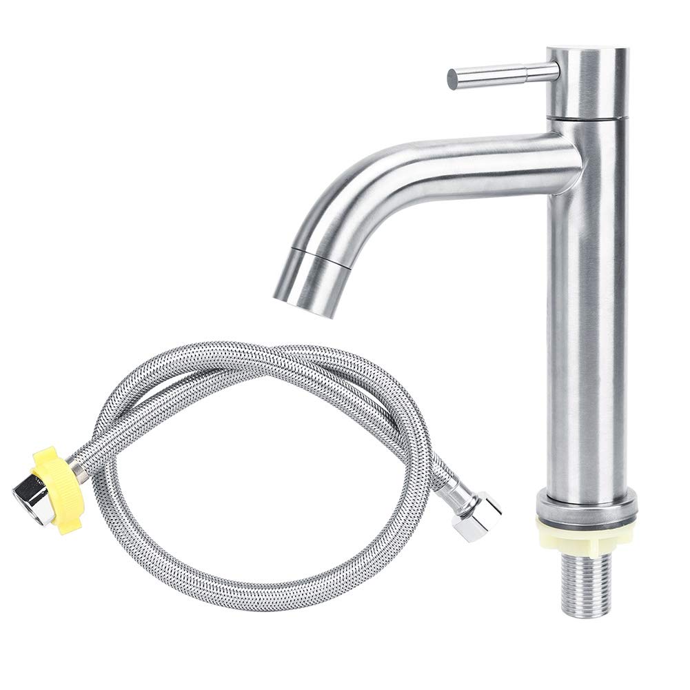 Stainless Steel Water Faucet, Ceramic Valve Wrench Type Bathroom Sink Faucet Single Handle Basin Mixer Tap with Hose Lead-Free Lavatory Faucet