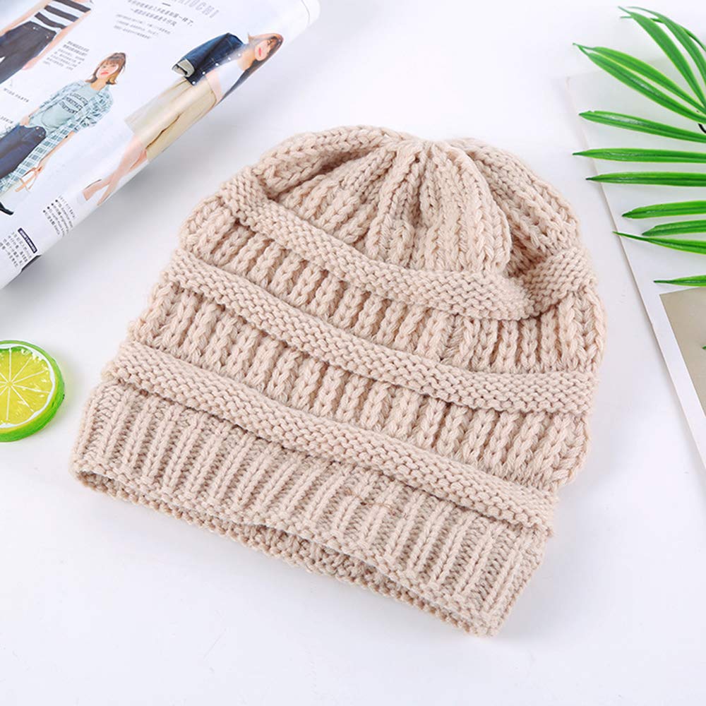 A-Rainbow Beige Winter Cable Knit Ponytail Beanie Soft Stretch Messy High Bun Hat Cap for Women
