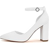 PARTY Women's Closed Toe Pumps 3 Inch Chunky Heels Pumps Ankle Strap Dress Wedding Shoes,White Pu A,7