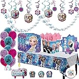 Disney Frozen Deluxe MEGA Birthday Party Supplies Pack and Decorations for 16 includes Plates, Napkins, Cups, a Table Cover, a Candle, Swirl Decorations, Balloons, and a Snowflake Garland