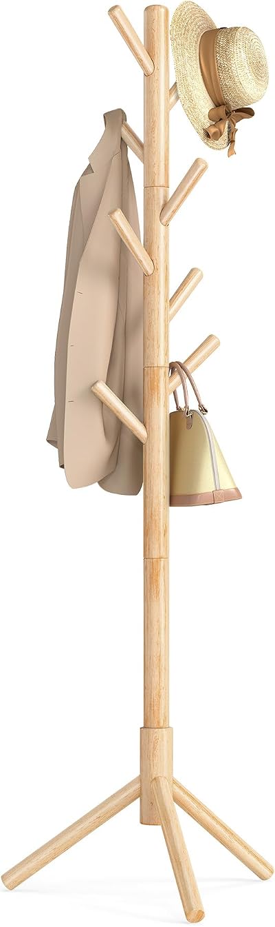 VASAGLE Wooden Tree Coat Rack 8 Hooks 3 Height Adjustable 47x47x175 cm