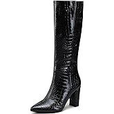 Modatope Knee High Women's Riding Boots - Tall, Long Calf High GoGo Chunky Faux Crocodile Boots - Block Heel Pointed Toe - Size 6-11