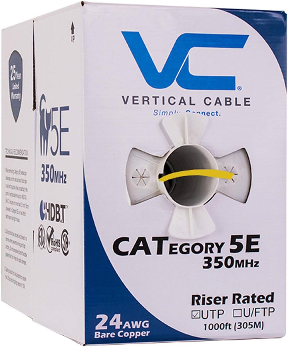 Vertical Cable Cat5e, 350 MHz, UTP, 24AWG, 8C Solid Bare Copper, 1000ft, Yellow, Bulk Ethernet Cable - 054 Series