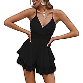 Fixmatti Women Spaghetti Strap Romper V Neck Backless Ruffle Chiffon Shorts Jumpsuit Playsuit