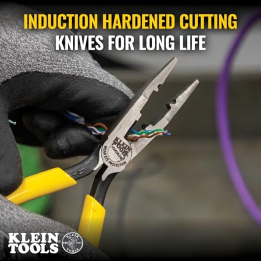 Klein Tools VDV026-049 Crimping Long Nose Pliers With Curved Handles, Grooved Jaws and Induction Hardened Steel