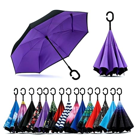 Hemico Flower Design Inverted Windproof Inside Out Umbrella with C-Shaped Handle for Women and Men (Blue)