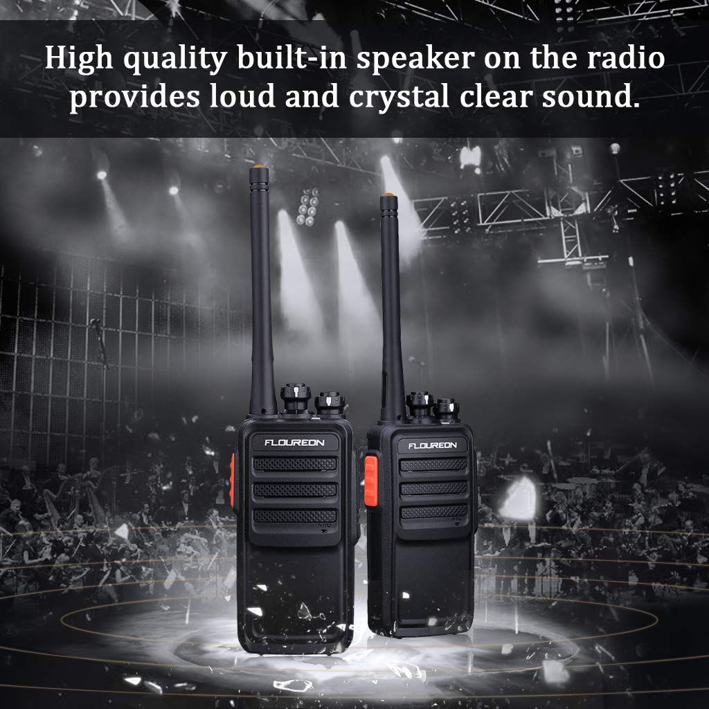 FLOUREON Rechargeable 16 Channel WalkieTalkies PMR 446MHZ License-free Two Way Radio Handheld Transceiver Voice Prompt long Range Interphone Scan TOT with LED Light Earpieces Black 2 Pack