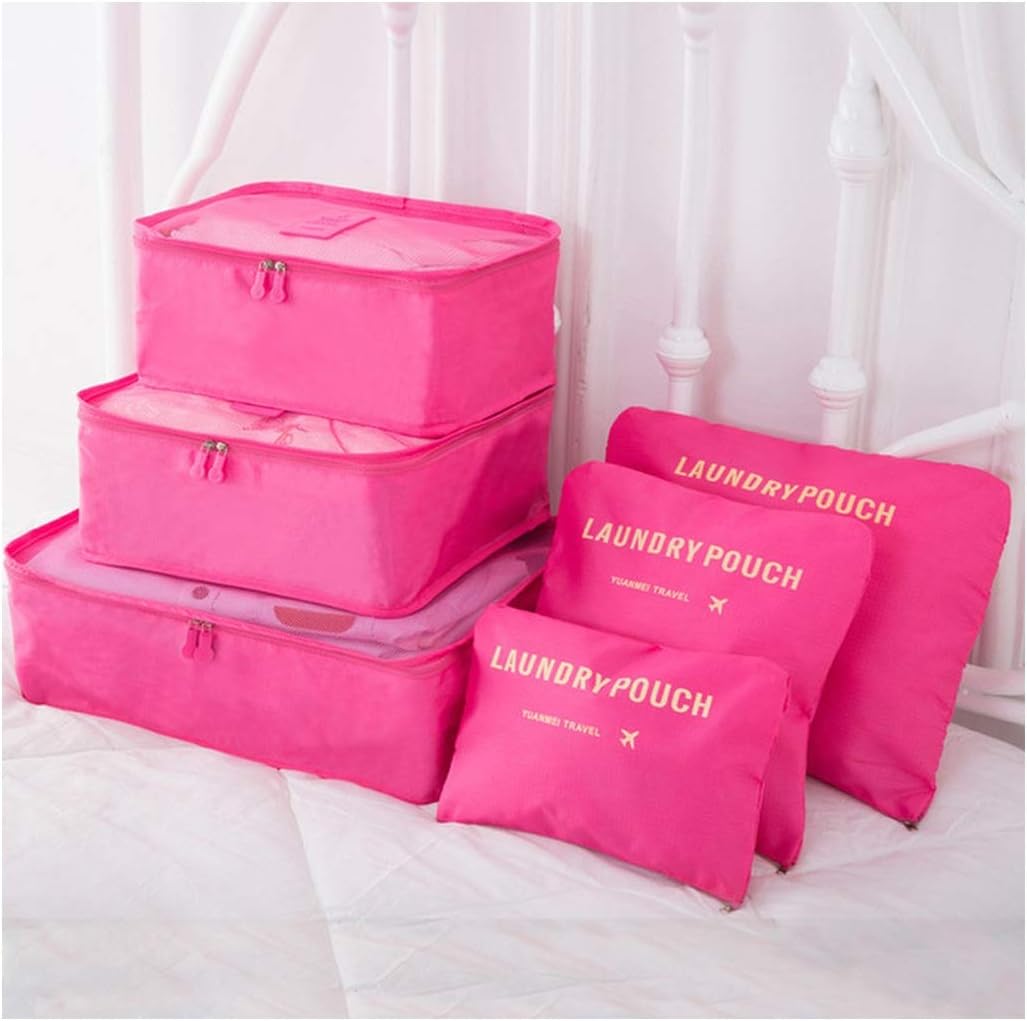 6Pcs/Set Luggage Packing Organizer Set Travel Mesh Bag Luggage Organizer Packing Cosmetic Bag,Rose Red