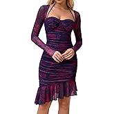 XinFSh Women's Sexy Long Sleeve Halter Ruched Bodycon Midi Dress Floral Mesh Ruffle Fall Wedding Guest Cocktail Party Dresses