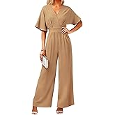 LOOKBOHO Women's One Piece Jumpsuits Dressy Casual V-Neck Batwing Short Sleeve Wide Leg Elegant Ladies Jumpsuit Rompers