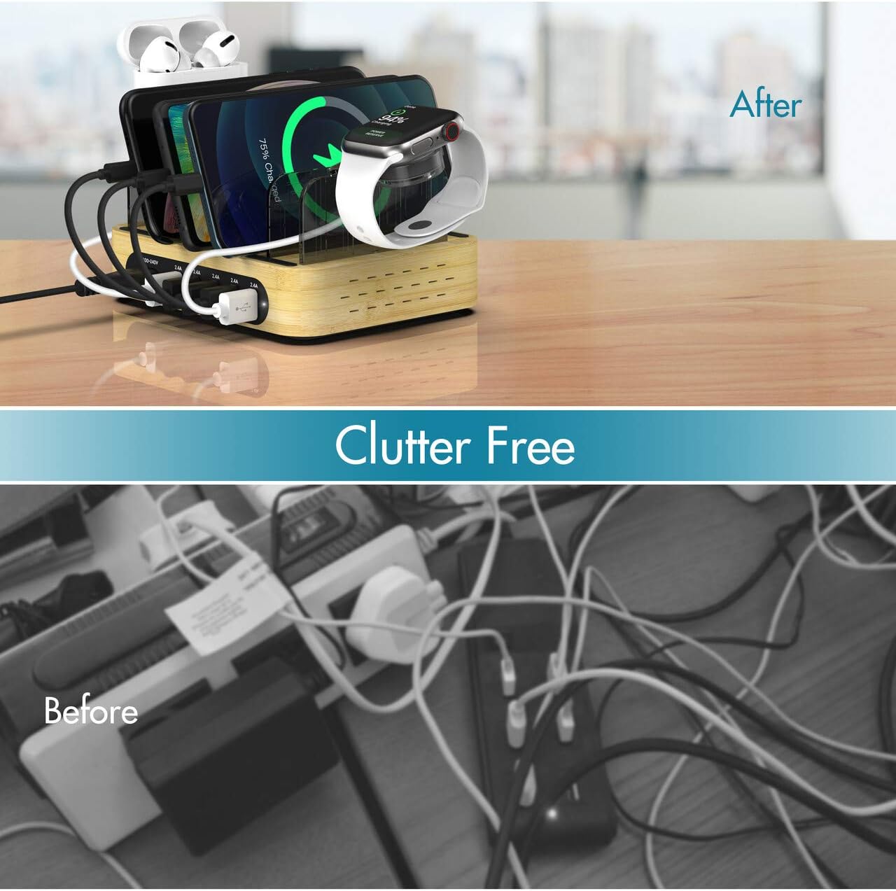 Bamboo Charging Station for Multiple Devices, 40W 5-Port Desktop USB Charger, Charging Stand Dock Compatible iPhone 11/Pro/Max, Galaxy S9/S8, iPad, Tablet and More (5 Charging Cables Included): Electronics