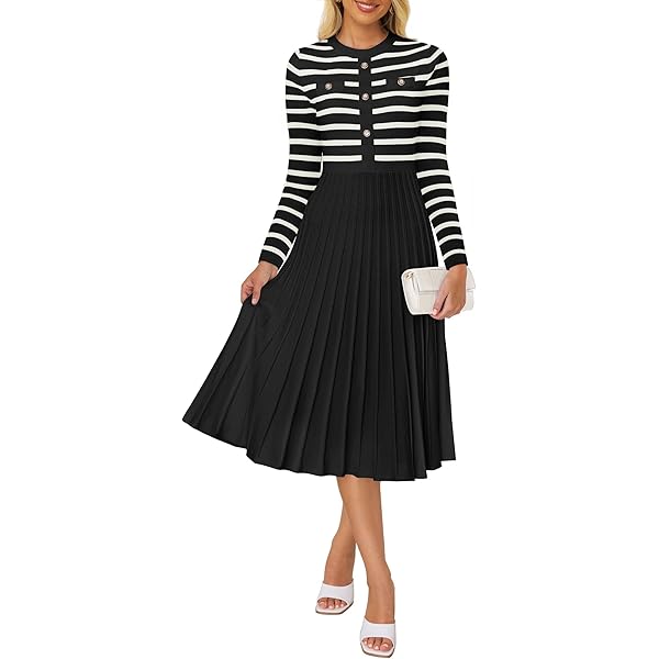 ZESICA Women's 2025 Casual Striped Midi Dress Crewneck Short