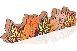 GHOSTMAGIC Lighted Fall Maple Leaves Signs Table Centerpieces Thanksgiving Wooden Block Sign Decorations 3D Wood Autumn Harvest Farmhouse Decor with Led Lights for Home Desk Office Party (Fall Leaves)
