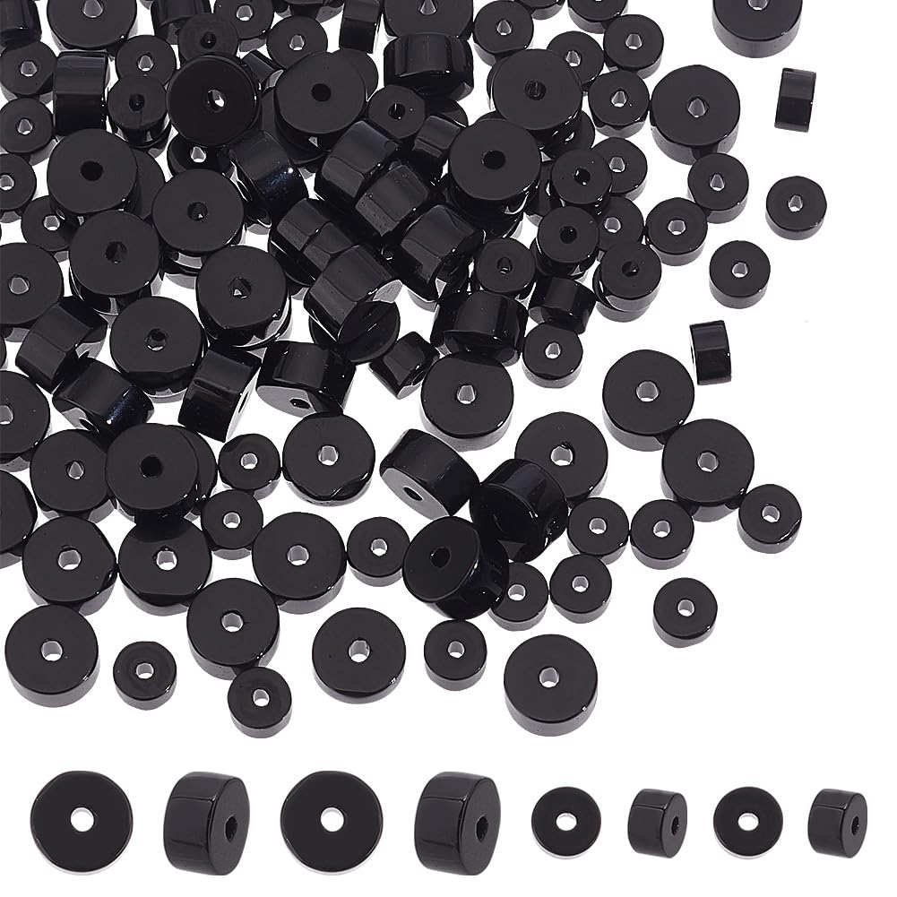 arricraft 143 Pcs Natural Black Onyx Beads, 2 Sizes Dark Flat Round/Disc Heishi Beads Gemstone Loose Spacer Beads Stone Beads Charms for Jewelry Necklace Making