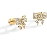 14K Gold Plated Bow Stud Earrings for Women, Dainty Flatback Screw Back, Minimalist Small Gold Earrings, Delicate Helix Cartilage Jewelry