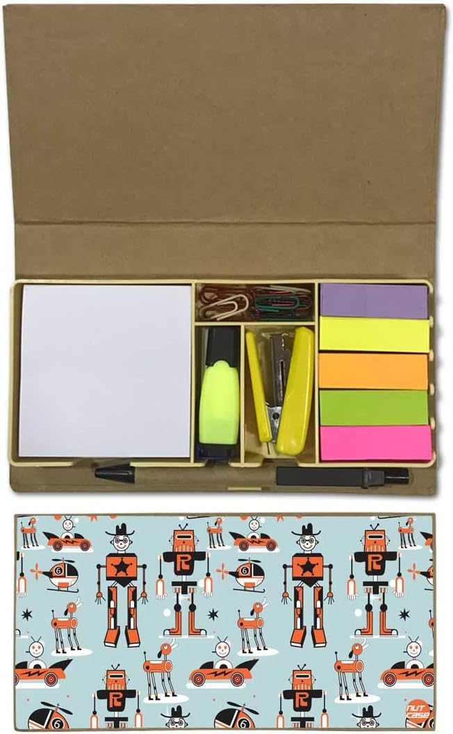 Nutcase Designer Stationary Kit Desk Customised Organizer Memo Notepad - Orange Robot