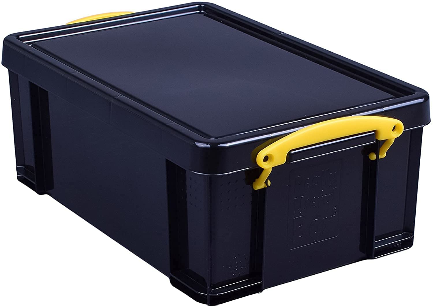 Really Useful Box Plastic Storage Box 9 Litre Solid Black with Yellow Handles