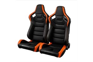 JIABEIR Universal Racing Bucket Seats,Pair Black PVC Leather Orange Trim Stitch Back Reclinable With Double Lock Slider Bucket Seats(Not Including Seat Bracket)