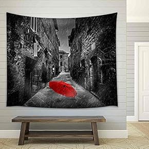 Umbrella on Dark Narrow Street in an Old Italian Town in Tuscany, Italy. Raining. Black and White with Red - Fabric Wall Tapestry Home Decor - 51x60 inches