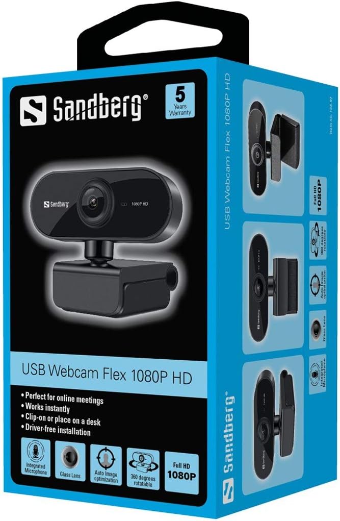 Sandberg 133-97 USB Flex FHD 2MP Webcam with Mic, 1080p, 30fps, Glass Lens, Auto Adjusting, 360° Rotatable - Image 3