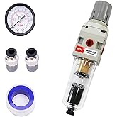 RIH 1/4" NPT Auto Drain Compressed Air Filter Regulator Combo Piggyback, 5 Micron Brass Element, Poly Bowl, Metal Bracket, 0-