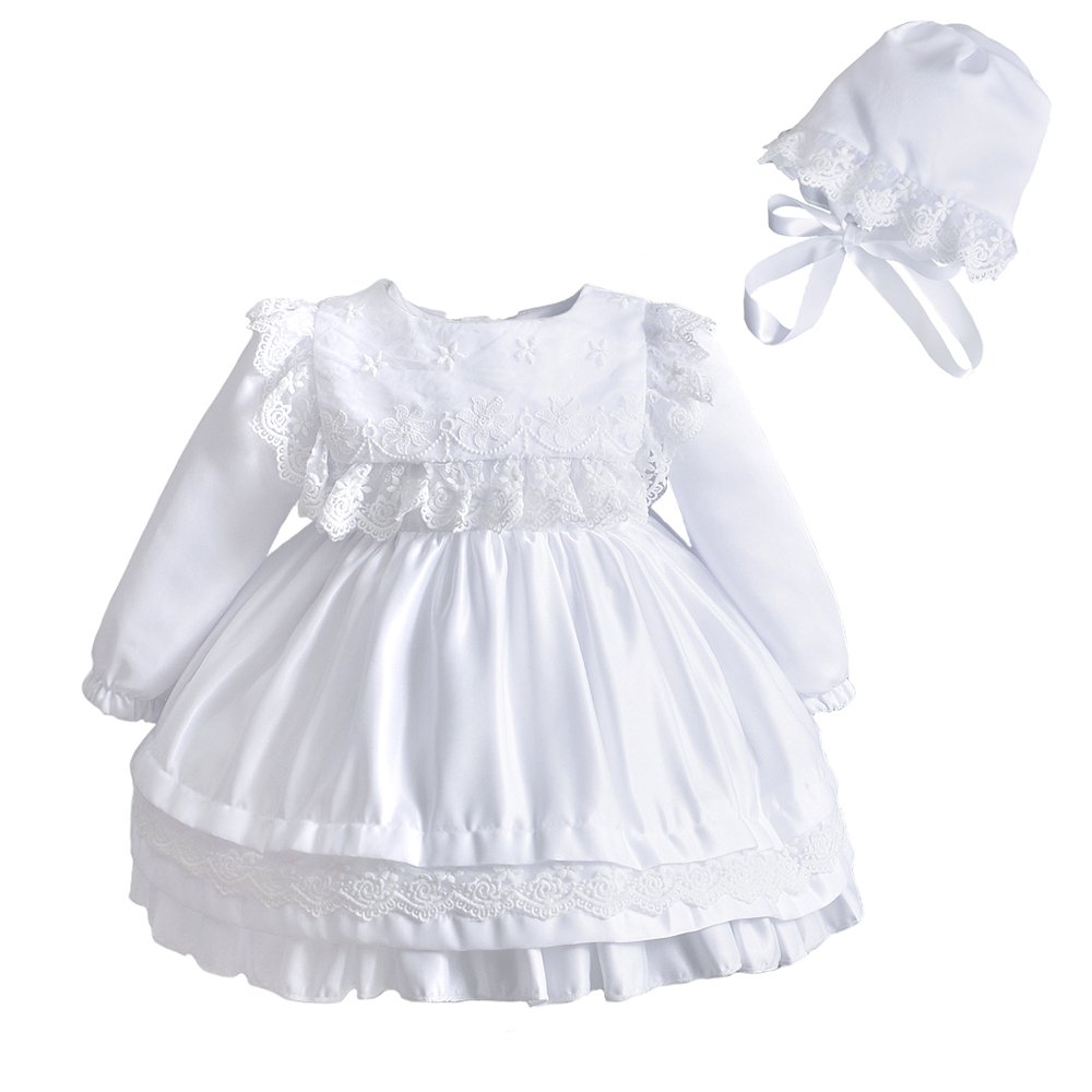 Baby Girl Lace Square Bib Long Sleeve Christening Gown Baptism