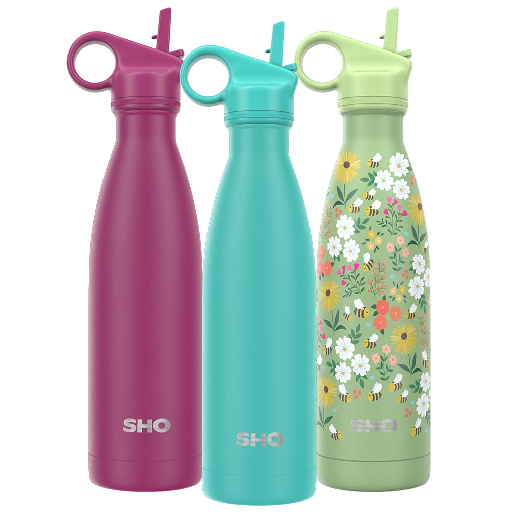 SHO Stainless Steel Water Bottle with Straw and Screw Lid - Leakproof, BPA Free, No Sweat, Vacuum Insulated Double Walled Metal Flask, 500ml - Original 2.0-12 Hours Hot 24 Hours Cold (500ml, Aqua)