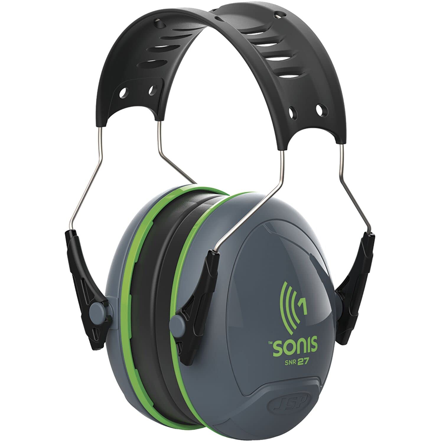 JSP SONIS 1 Adjustable Ear Defenders - 27dB SNR - Grey/Green - Hearing Protection Earmuffs for Adults - Flexible & Comfortable Fit - EN 352-1