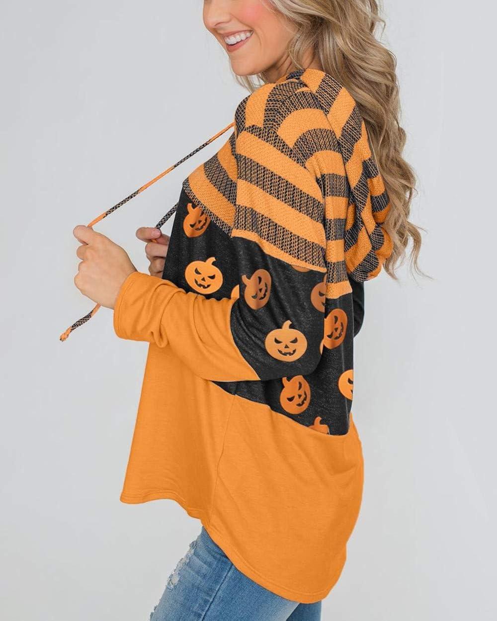 Grace's Secret Women’s Halloween Hoodies Pumpkin Long Sleeve Stripe Tunic Sweatshirt Pullover Blouse Top: Clothing