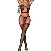 ChiaoLezhee Strappy Fishnet Bodysuit with Stockings, Glow in the Dark Lingerie Set Fits 0-10, Contrast Color Bodystocking
