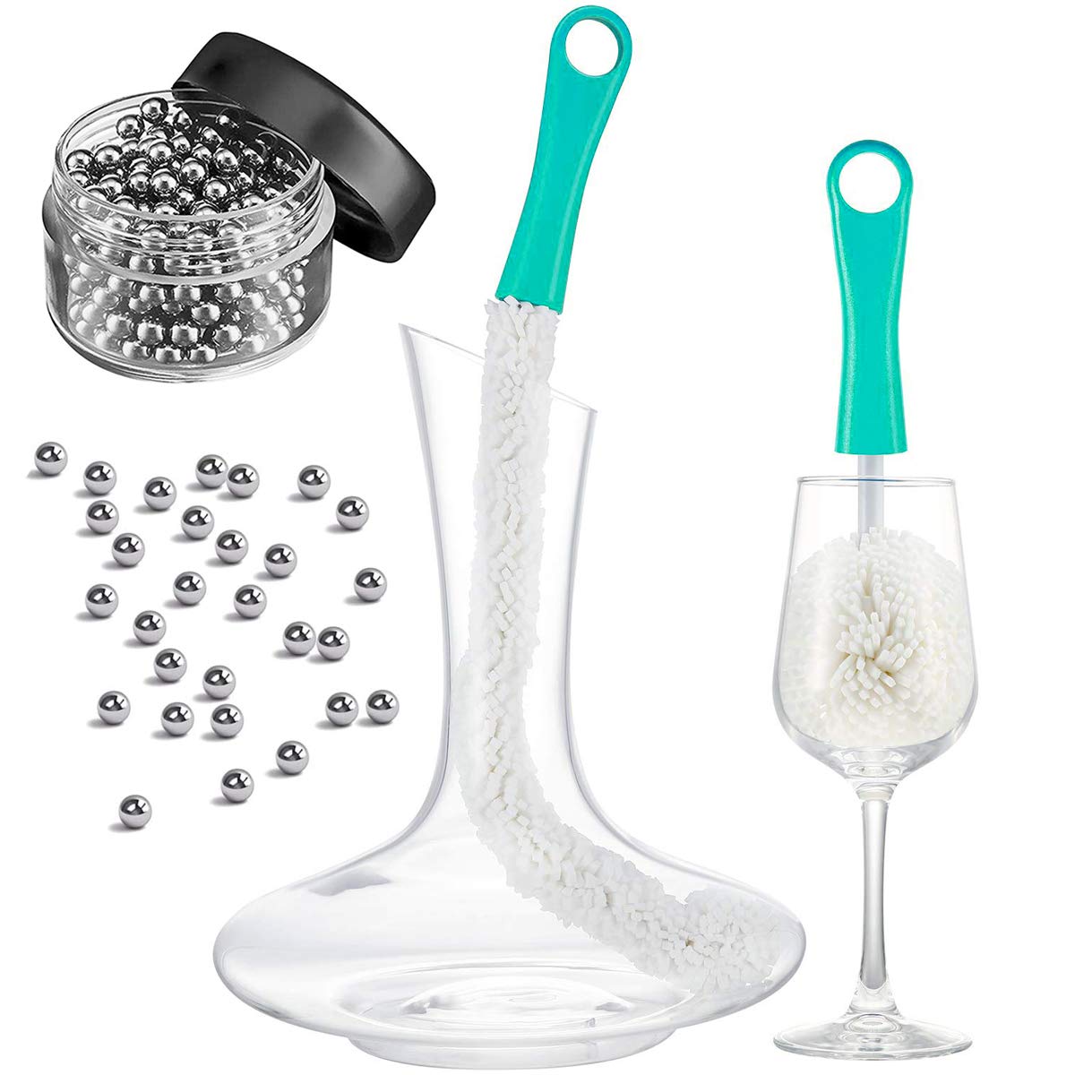 500 Granule Stainless Steel Decanter Cleaning Beads and Wine Brush - Multi-Function Household Cleaning Tools for Decanter, Champagne Flutes, Goblets, Glasses, and Cups