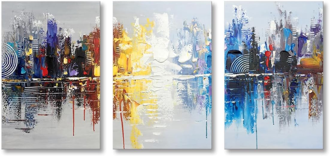 Paintings - Hand Painted Modern Cityscape Textured Oil Painting on Canvas Reflection Abstract City Wall Art Decor