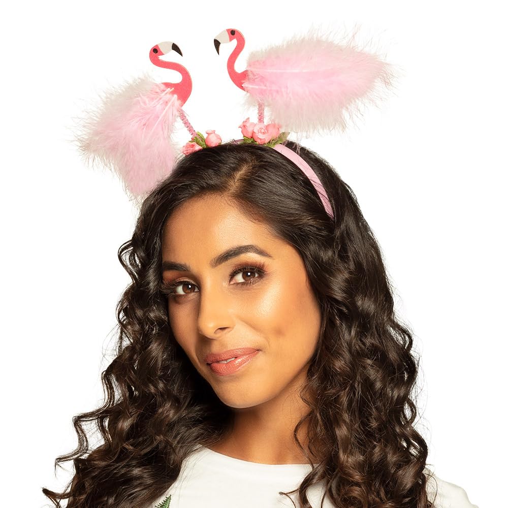 Boland Flamingo Headband – Pink Novelty Headband with Glitter Flamingos and Feathers – Fun Fancy Dress Accessory for Hen Party, Festival, Beach Party, Carnival and Tropical Summer Events