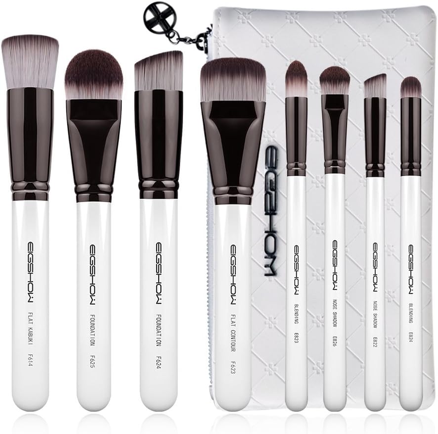Makeup Brush Set EIGSHOW 8pcs Professional Makeup Brushes Foundation Brushes Synthetic Vegan Blending Powder Eye Face Liquid Cream Cosmetics Brush with White Travel PU Leather Bag and Gift Box