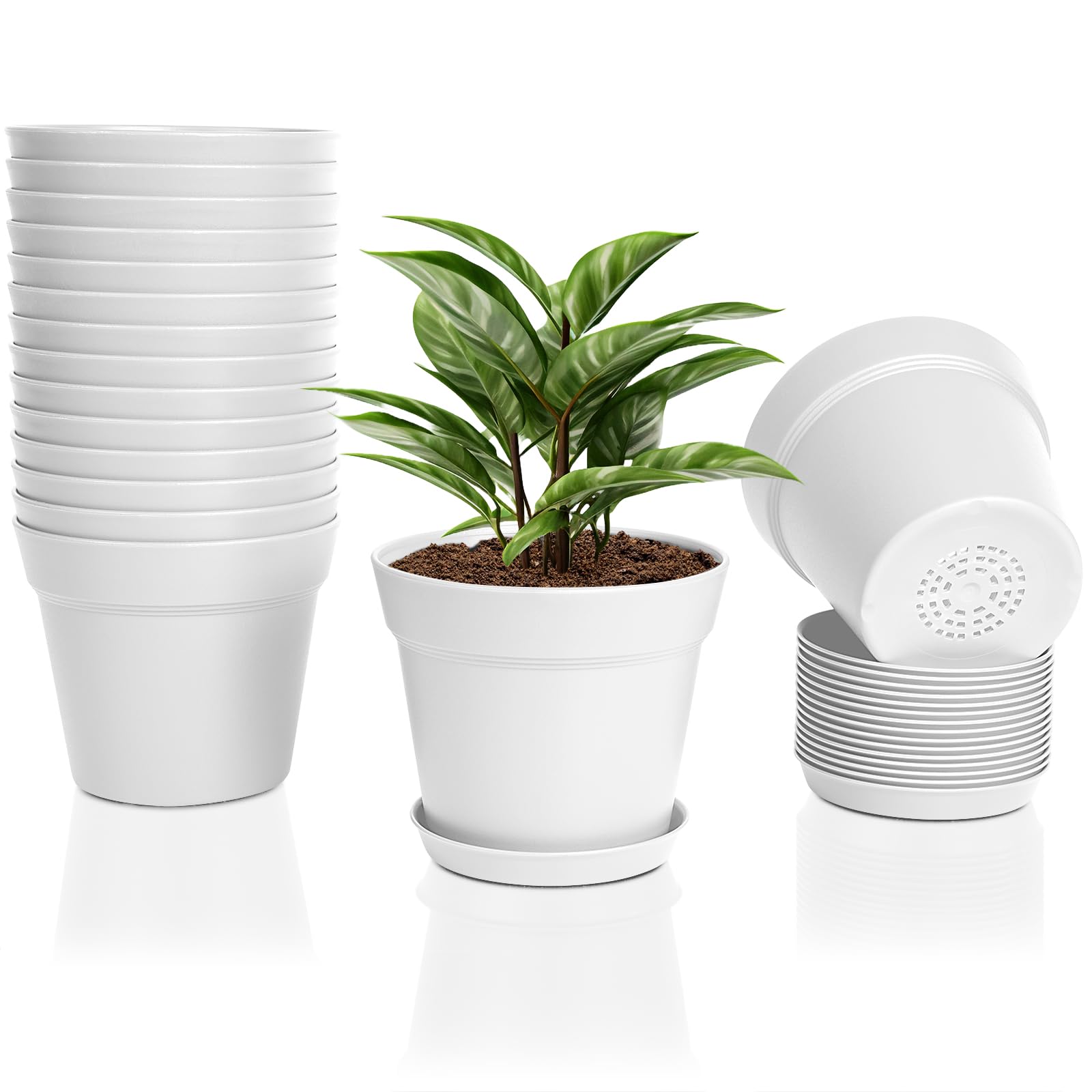 FORAGIFT 15cm Plant Pots, 16 Pack Plastic Herb Pot with Drainage Hole and Tray, Seed Seedling Pots Flower Nursery Pots for Vegetables, Flowers, Cactus, Cuttings, Succulent, White
