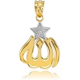 Middle Eastern Jewelry Solid 14k Two-Tone Gold Diamond-Accented Star Islamic Allah Charm Pendant
